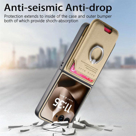 Противоударный чехол Twill Fabric Card Bag Ring Magnetic для Motorola Moto Razr 60 Ultra 5G - хаки