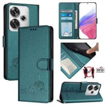 Чехол-книжка Cat Embossing Pattern на Xiaomi POCO F6 5G - Peacock Green