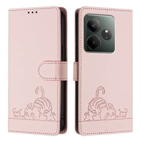 Чехол-книжка Cat Embossing Pattern на Realme GT 6T 5G Global - розовый