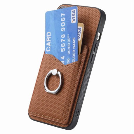 Противоударный чехол Carbon Fiber Card Wallet Ring Holder для Realme 14 Pro+ - коричневый