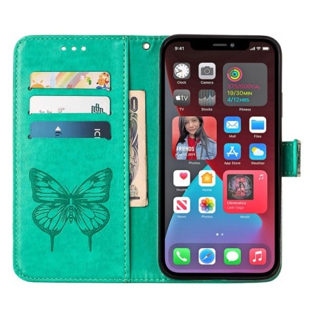 Чехол-книжка Embossed Butterfly для iPhone 14 Pro Max - зеленый