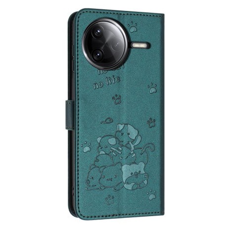 Чехол-книжка Embossed Kitten Phone Leather для Xiaomi Poco F7 Pro / F7 Ultra - зеленый