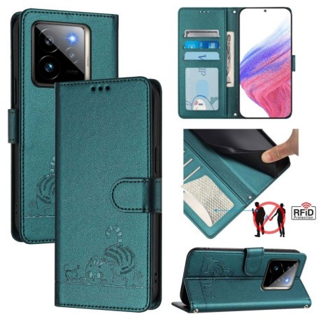 Чехол-книжка Cat Embossing Pattern на Realme GT 7 Pro 5G - Peacock Green