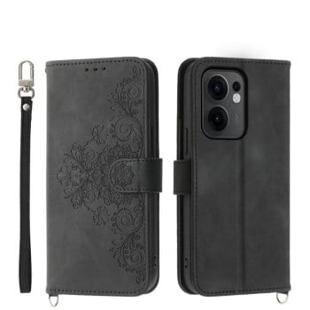 Чехол-книжка Skin-feel Flowers Embossed для OPPO Reno13 F/Reno13 FS - черный