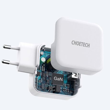 Скоростное зарядное устройство Choetech fast GaN wall charger USB Type C PD USB-A QC3 65W 3,25A - белое