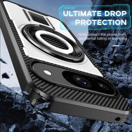 Противоударный чехол Ring Holder Carbon Fiber PC Hybrid TPU для Google Pixel 9 / 9 Pro - белый