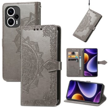 Чехол-книжка Lucky Clover Halfway Mandala Embossing Pattern на Xiaomi Poco F5 - серый