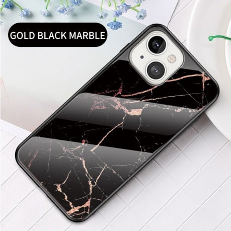 Стеклянный чехол Marble Pattern для iPhone 14/13 - Golden Black