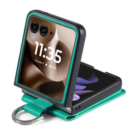 Противоударний чехол Litchi Texture Leather Ring Wallet на Motorola Razr 60 Ultra - зелений