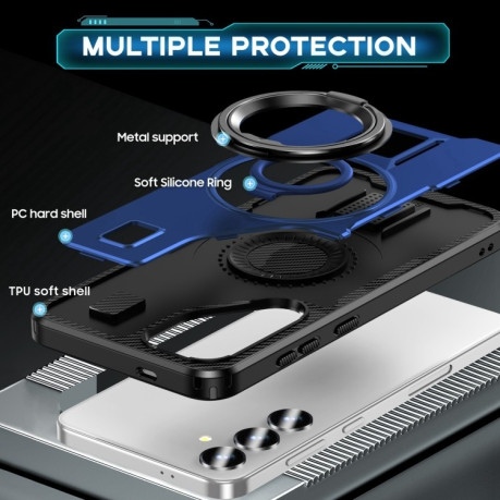 Противоударный чехол Ring Holder Carbon Fiber PC Hybrid TPU для Samsung Galaxy S25+ 5G - синий