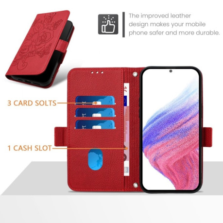 Чехол-книжка Embossed Rose RFID Anti-theft Leather для Realme GT 6T 5G Global - красный