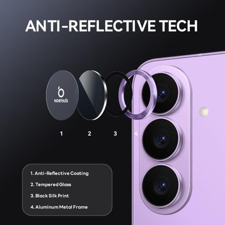 Защитное стекло NORTHJO Glitter Camera Lens Protector Tempered Glass Metal Ring для Samsung Galaxy S26+ 5G — фиолетовое