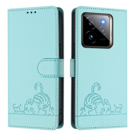 Чехол-книжка Cat Embossing Pattern на Realme GT 7 Pro 5G - зеленый