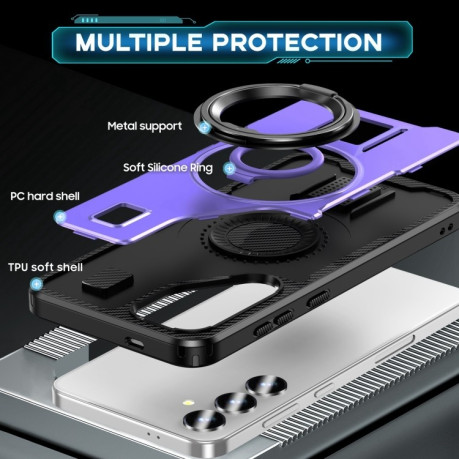Противоударный чехол Ring Holder Carbon Fiber PC Hybrid TPU для Samsung Galaxy S25 5G - фиолетовый