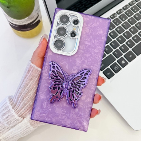 Противоударный чехол Plating Glitter Texture Butterfly Holder TPU для Samsung Galaxy S24 FE 5G - Purple Shell Pattern