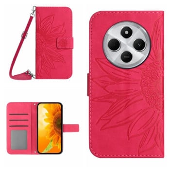 Чехол-книжка Skin Feel с рисунком подсолнуха на Redmi 14C 4G/Poco C75/Redmi A4 5G  - пурпурно-красный