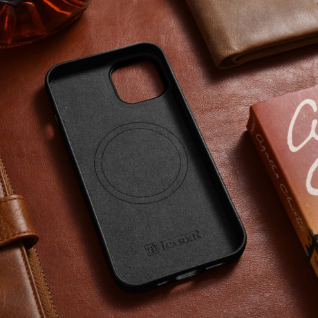 Кожаный чехол iCarer Genuine Leather (MagSafe) для iPhone 14 Plus - черный