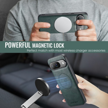 Чохол Fierre Shann Cowhide Texture MagSafe Magnetic для Google Pixel 9 Pro XL - зелений