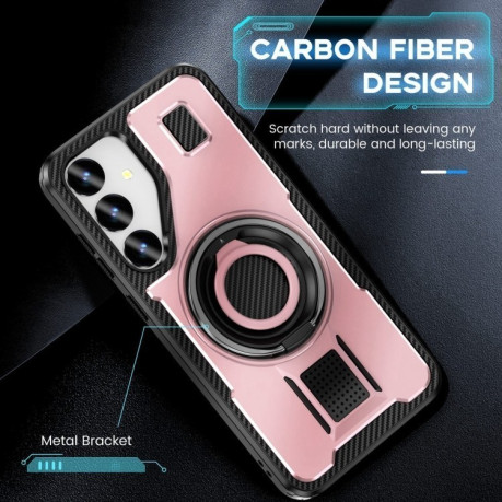 Противоударный чехол Ring Holder Carbon Fiber PC Hybrid TPU для Samsung Galaxy S25+ 5G - розовое золото