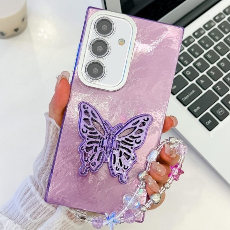 Протиударний чохол Plating Glitter Lens Film Texture Butterfly Holder Wristband  для Samsung Galaxy S25 5G - Purple Tinfoil Texture