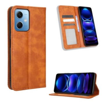 Чехол-книжка Magnetic Buckle Retro Crazy Horse Texture на Xiaomi Redmi Note 12 5G - коричневый