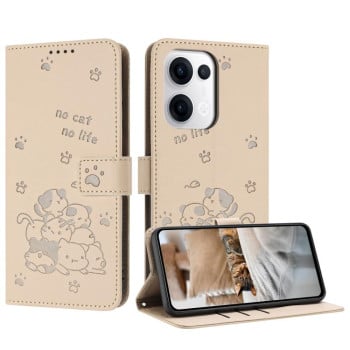 Чехол-книжка Embossed Kitten Phone Leather для OPPO Reno13 5G Global - бежевый