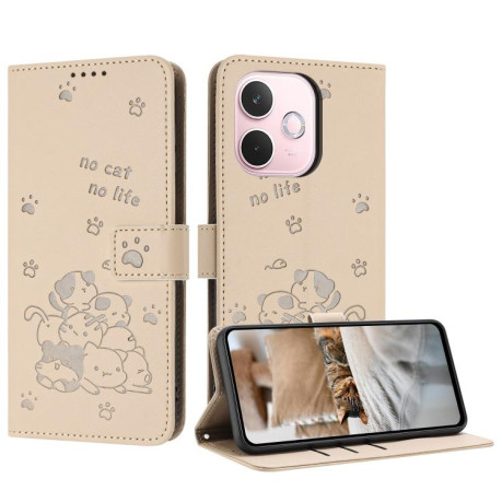Чехол-книжка Embossed Kitten Phone Leather для OPPO A5 Pro 5G Global - бежевый