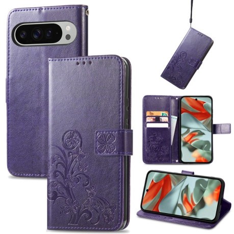 Чехол-книжка Four-leaf Clasp Embossed на Google Pixel 9 Pro XL - фиолетовый