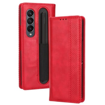 Чехол-книжка Magnetic Buckle Retro Crazy Horse Texture на Samsung Galaxy Fold4 5G - красный