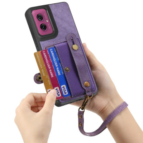 Протиударний чохол Retro Cross Wristband Wallet Leather для Motorola Moto G55 - фіолетовий