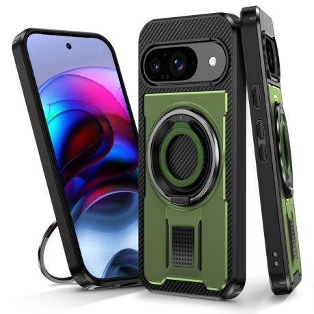 Протиударний чохол Ring Holder Carbon Fiber PC Hybrid TPU для Google Pixel 9/9 Pro - зелений