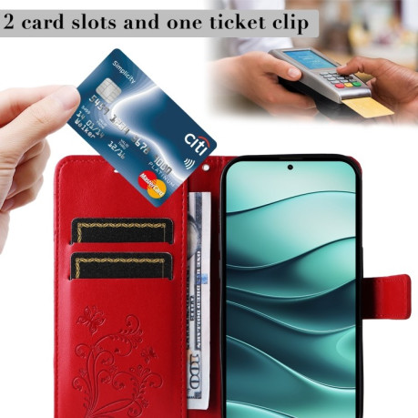Чехол-книжка Embossed Butterfly для Xiaomi Redmi Note 14 5G/Poco M7 Pro 5G - красный