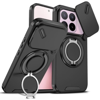 Противоударный чехол со шторкой камеры Sliding Camshield и кольцом-подставкой на Xiaomi 17T 5G — чёрный
