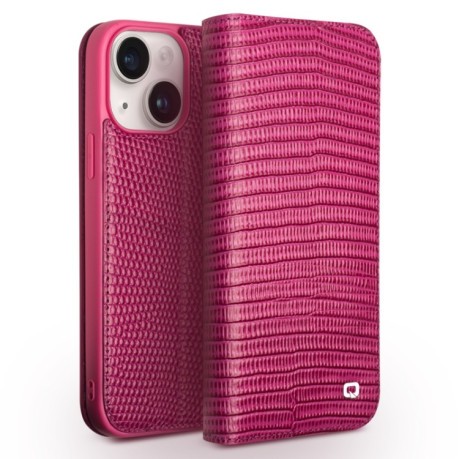 Шкіряний чохол-книжка QIALINO Crocodile Texture для iPhone 15 - пурпурно-червоний