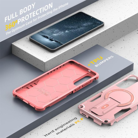 Противоударный чехол MagSafe Holder Armor PC Hybrid для Samsung Galaxy S25 Edge 5G - розовый