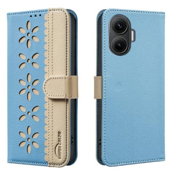 Чехол-книжка Splicing Color Hollow Flower Pattern RFID для Xiaomi Poco F7 5G - синій