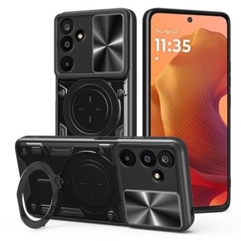 Чехол со шторкой камеры CD фактурой и подставкой на Samsung Galaxy M16 5G - черный