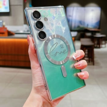 Протиударний чохол Dual-Love Feather Gradient Glitter MagSafe  для Samsung Galaxy S25+ 5G - зелений