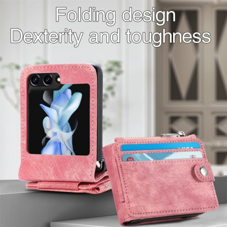 Противоударный чехол Skin-feel Zipper Wallet для Samsung Galaxy Flip 5 - розовое золото