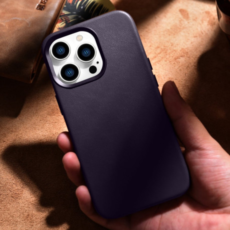 Кожаный чехол iCarer Genuine Leather (MagSafe) для iPhone 14 Pro - темно-фиолетовый