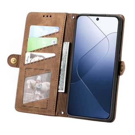 Чехол-книжка Geometric Zipper Wallet Side Buckle Leather для Xiaomi 14 - коричневый