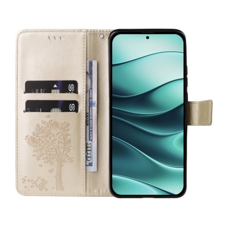 Чехол-книжка Happy Cat Pattern для Xiaomi Redmi Note 14 5G/Poco M7 Pro 5G - золотой