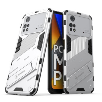 Противоударный чехол Punk Armor с подставкой на Xiaomi Poco M4 Pro 4G - белый