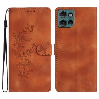 Чехол-книжка Flower Butterfly Embossing для Motorola Edge 50 5G - коричневый