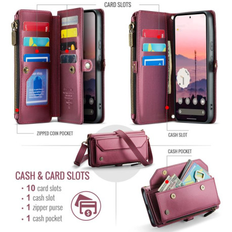 Чехол-книжка CaseMe C36 Card Slots Zipper Wallet RFID Anti-theft Leather для Google Pixel 9a - винно-красный