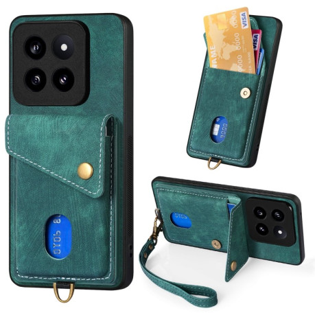 Противоударный чехол Retro Card Wallet Fold Leatherна для Xiaomi 14 Pro - зеленый