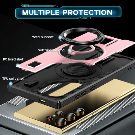 Протиударний чохол Ring Holder Carbon Fiber PC Hybrid TPU  для Samsung Galaxy S25 Ultra 5G - рожеве золото