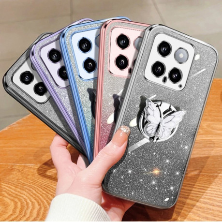 Протиударний чохол Plated Gradient Glitter Butterfly Holder для Xiaomi 14 - рожевий