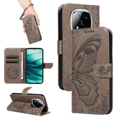 Чохол-книжка Swallowtail Butterfly Embossed Leather для Xiaomi Redmi Note 14 Pro / 14 Pro+ 5G - сірий