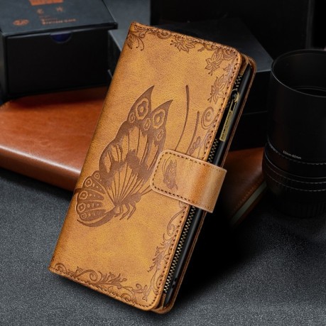 Чохол-гаманець Flying Butterfly Embossing для iPhone 13 Pro - коричневий